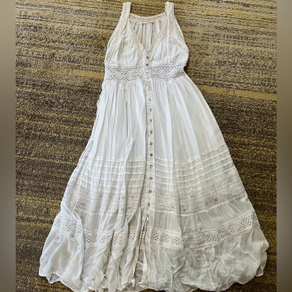 Sz XS EUC Lucky Brand white lace v neck button front summer dress with pockets - Picture 6 of 9